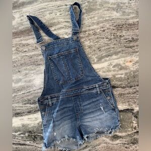 Women’s Denim Overalls with Frayed Hem Shorts “Boyfriend Shortall” Size 26